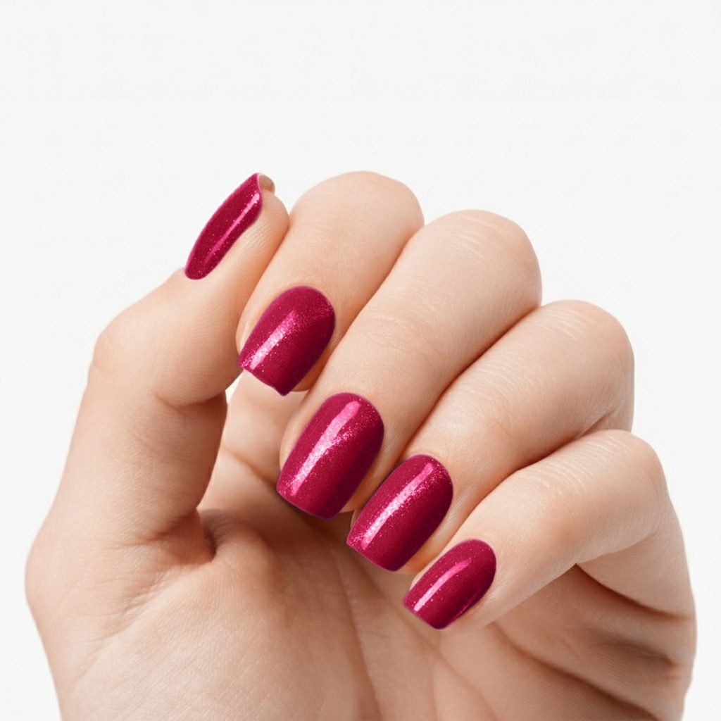 Berry Dazzle nail strips by Velvora, shown on real nails