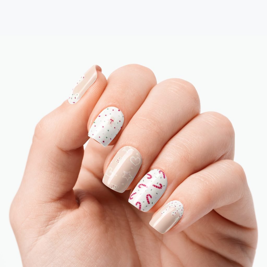 Candy Cane Lane nail strips by Velvora, shown on real nails