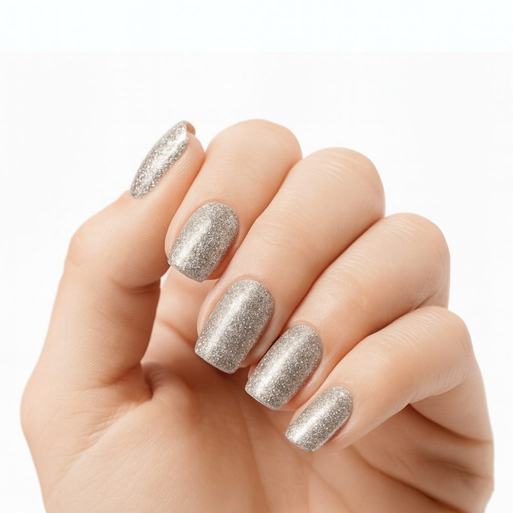 Champagne Sparkles nail strips by Velvora, shown on real nails
