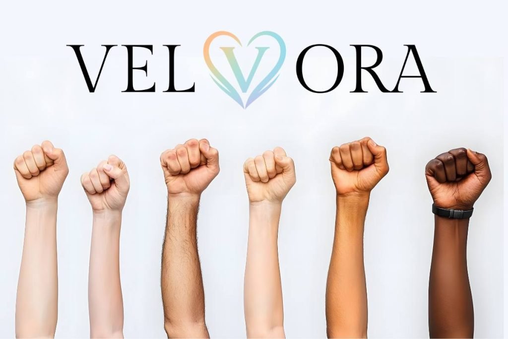 Velvora logo with raised fists in different skin tones representing inclusive gel nail strip colour guide UK