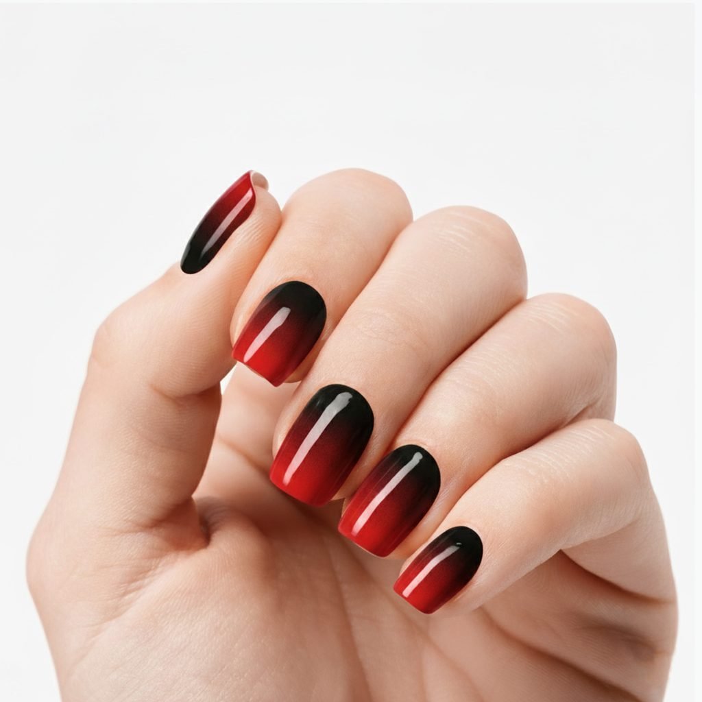 Dark Red Ombre nail strips by Velvora, shown on real nails