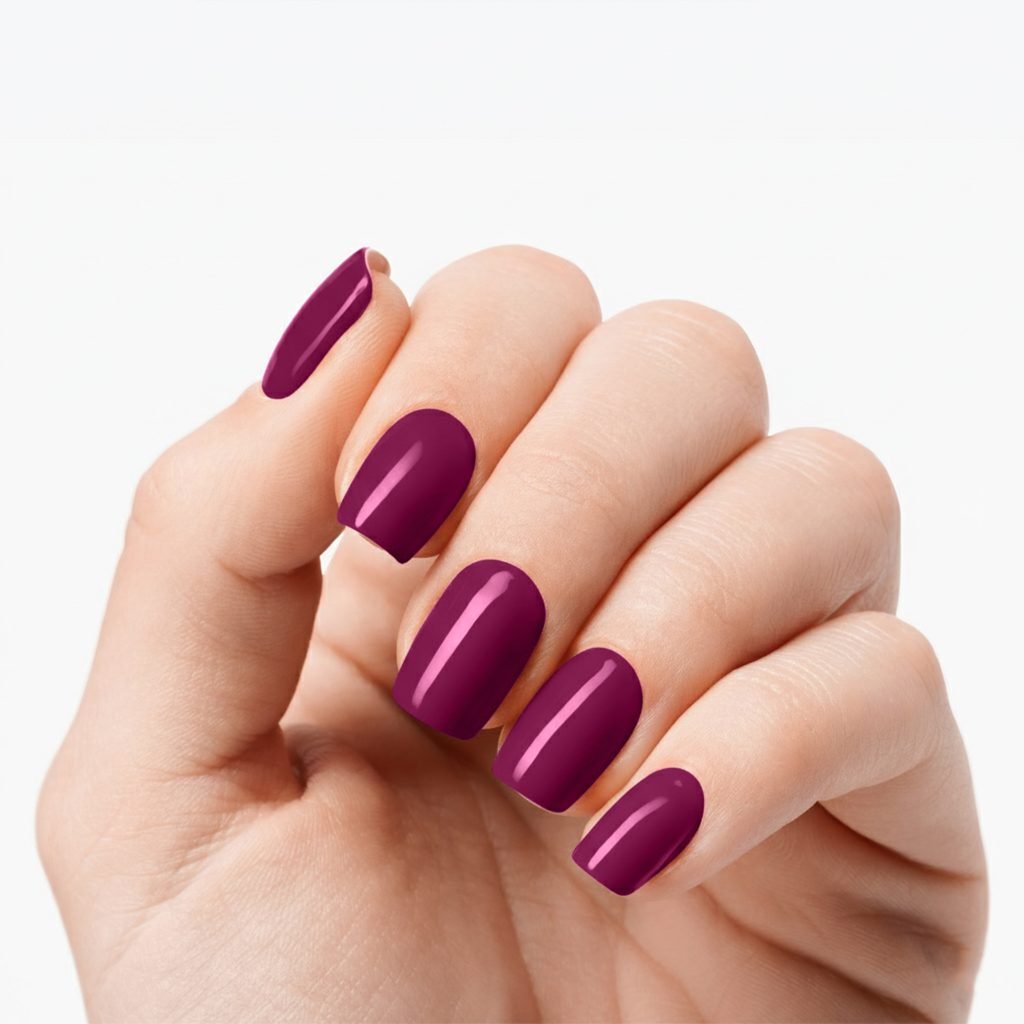Deep Cherry nail strips by Velvora, shown on real nails