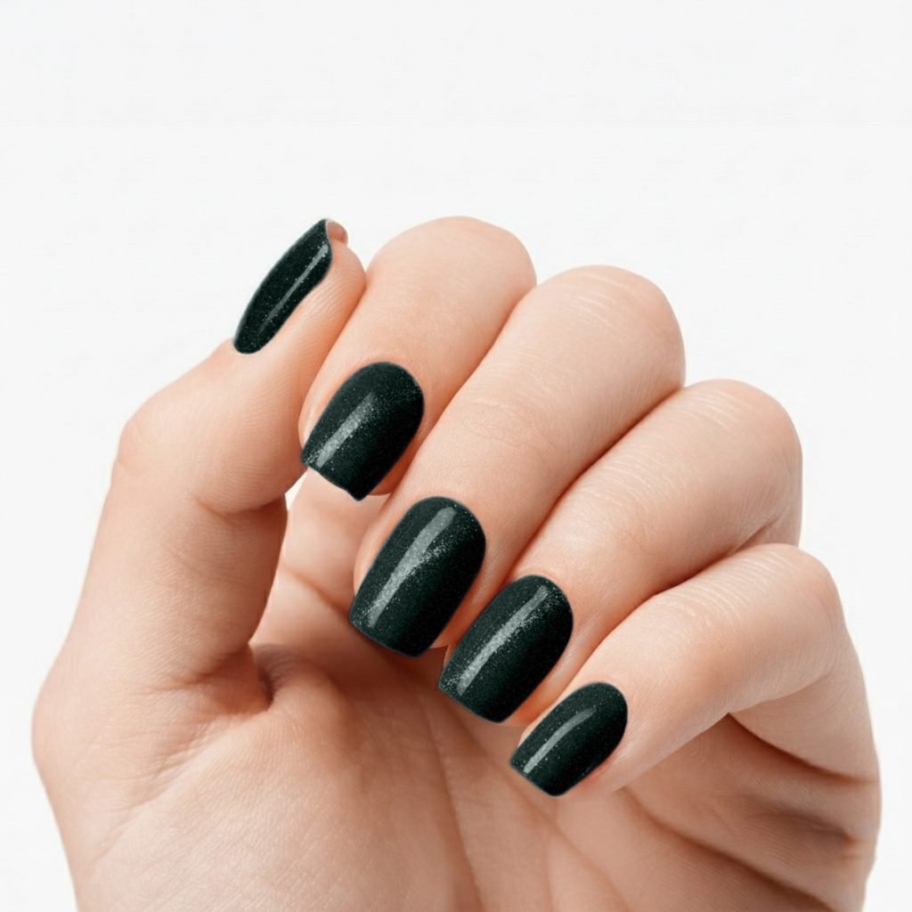 Emerald Twinkle nail strips by Velvora, shown on real nails