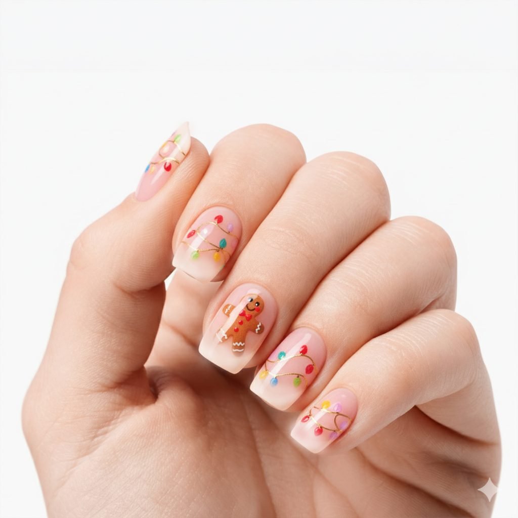Gingerbread Lights nail strips by Velvora, shown on real nails