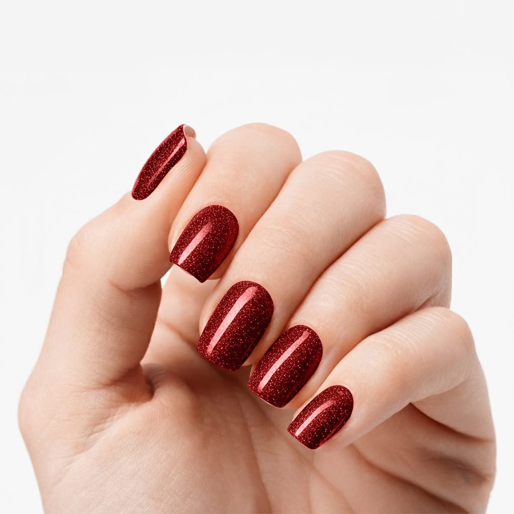 Glitter Rouge nail strips by Velvora, shown on real nails