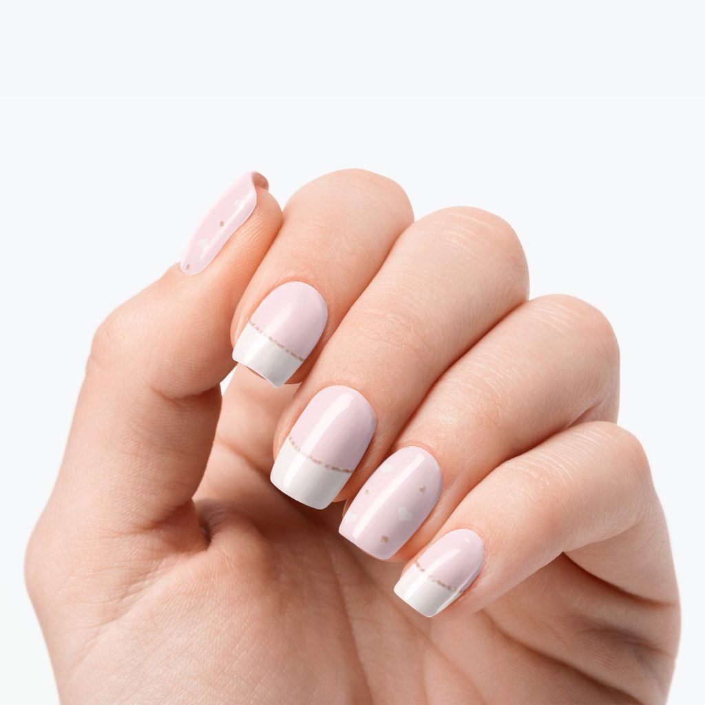 Lovestruck nail strips by Velvora, shown on real nails
