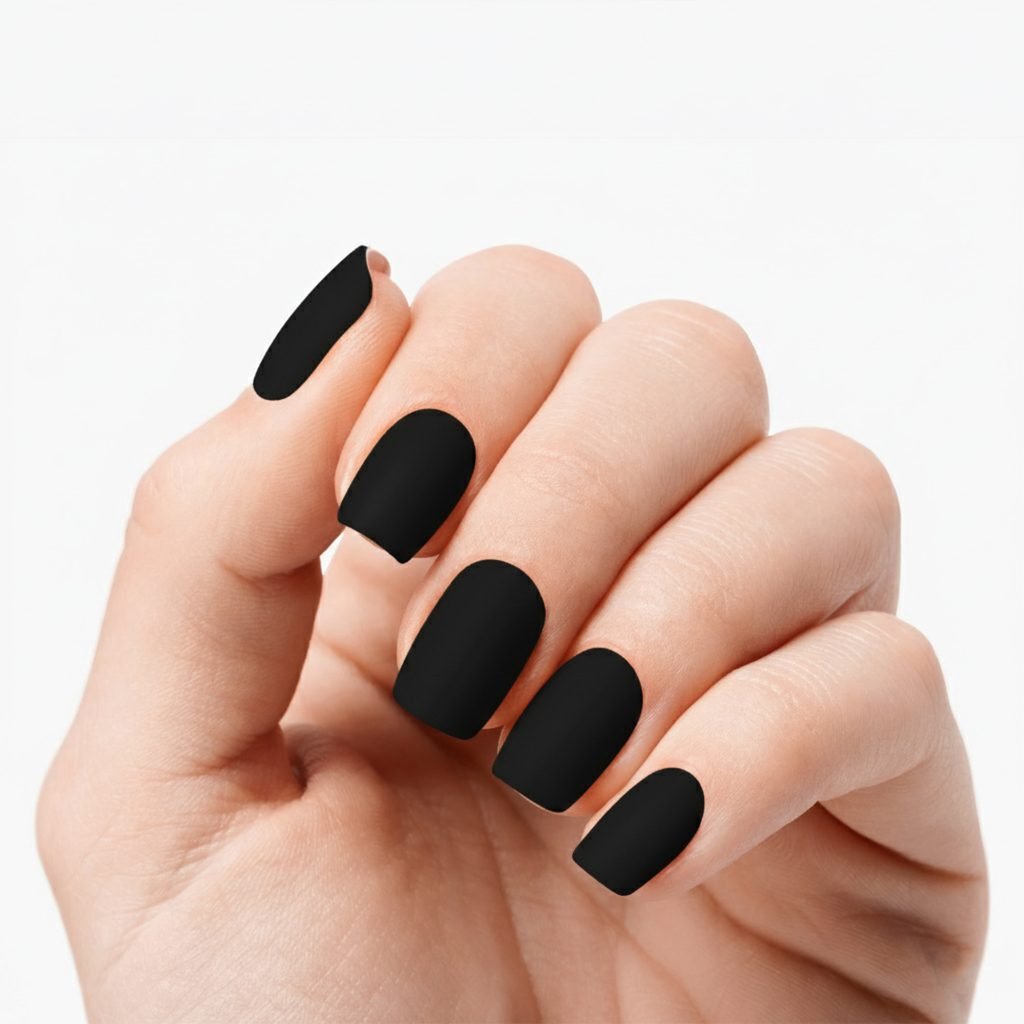 Matte Black nail strips by Velvora, shown on real nails