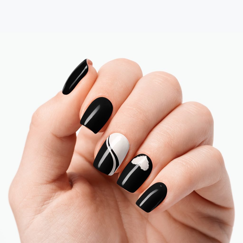 Midnight Heartbeat nail strips by Velvora, shown on real nails