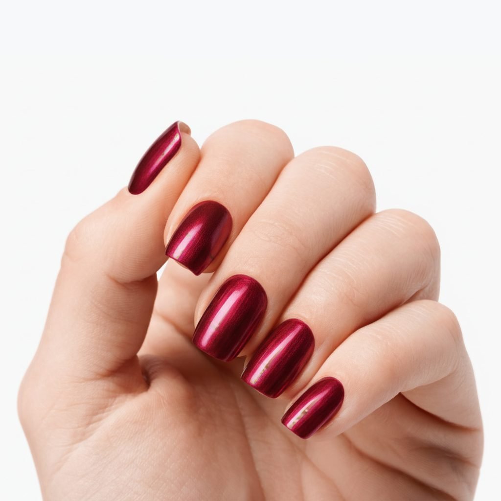 Molten Ruby nail strips by Velvora, shown on real nails