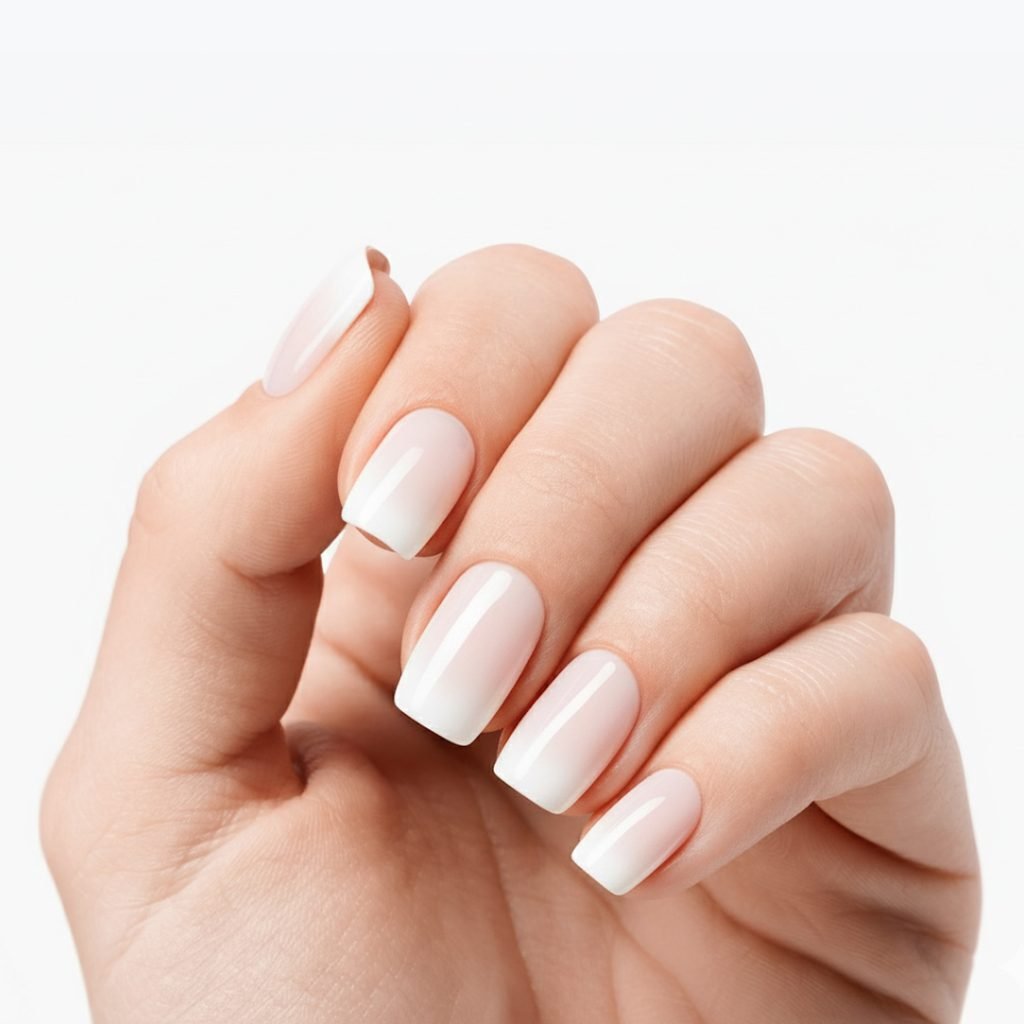 Nude Ombre nail strips by Velvora, shown on real nails