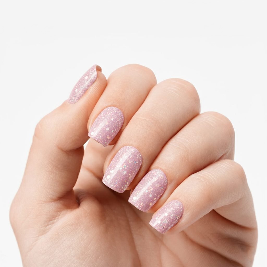 Pink Afterglow (Glow in the Dark) nail strips by Velvora, shown on real nails