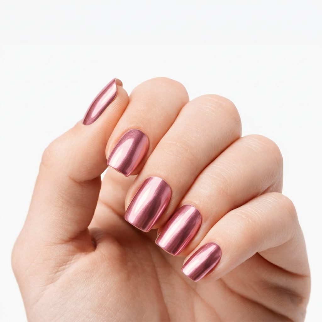 Rose Chrome nail strips by Velvora, shown on real nails