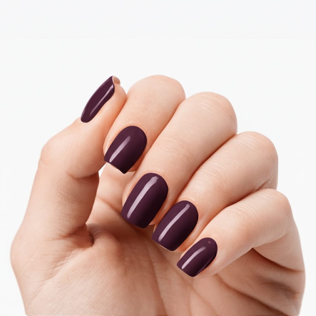 Royal Plum nail strips by Velvora, shown on real nails