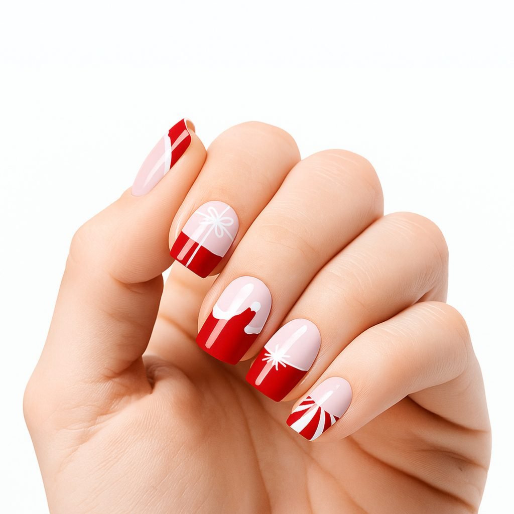 Santa’s Swirl nail strips by Velvora, shown on real nails