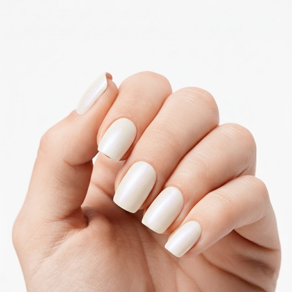 Snow Pearl nail strips by Velvora, shown on real nails