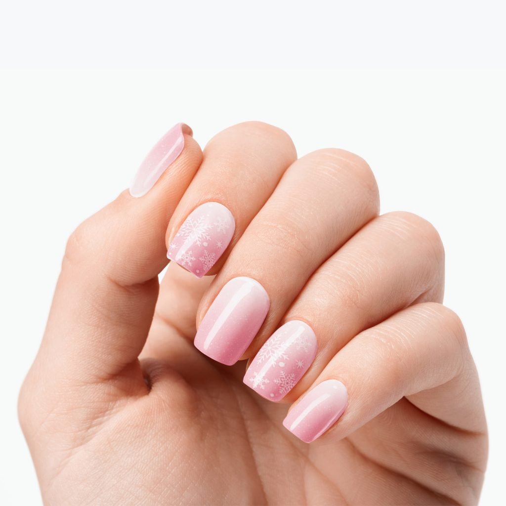 Snowflake Ombre nail strips by Velvora, shown on real nails