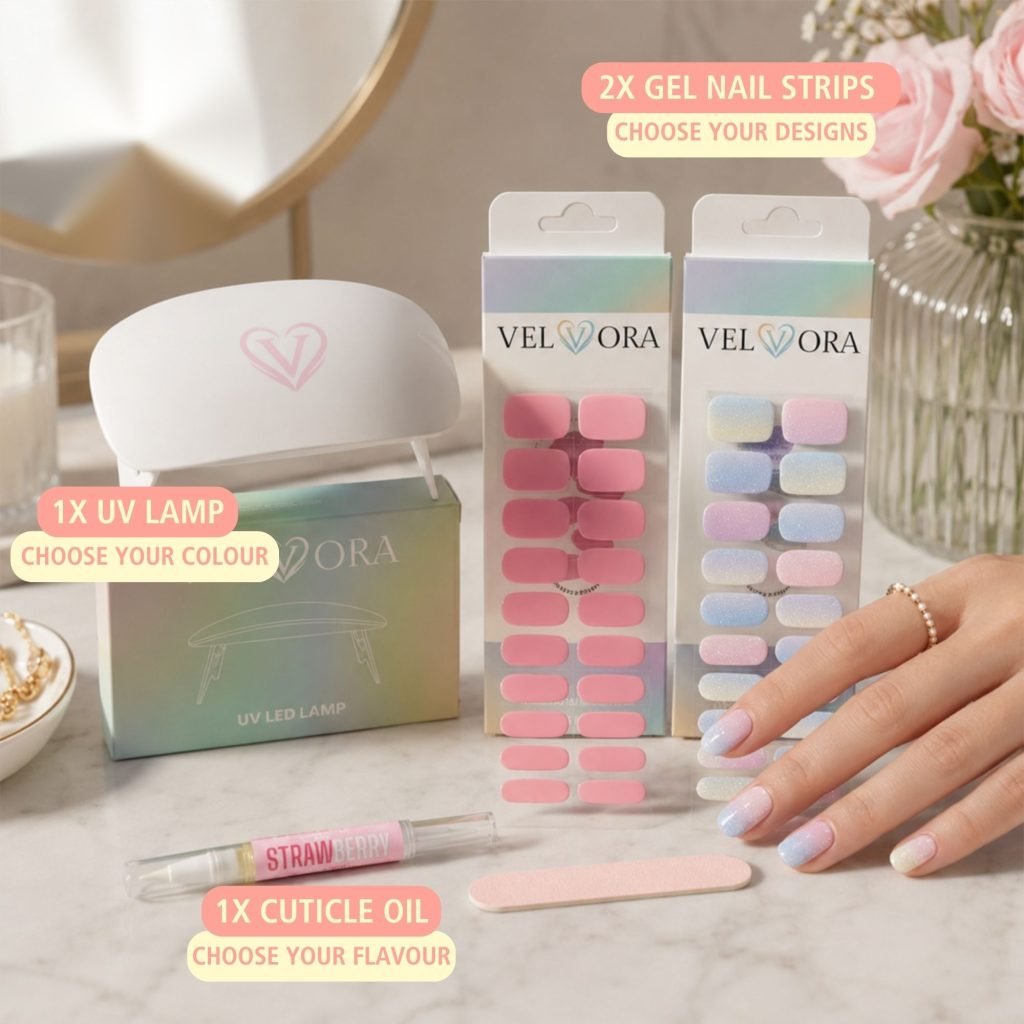 Velvora Gel Nail Strips Starter Kit - 2 Gel Strips, Cuticle Oil & LED UV Lamp nail strips by Velvora, shown on real nails
